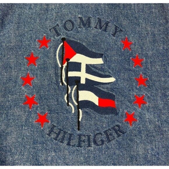Tommy Hilfiger Women’s Sz L Vintage Flags Stars Patriotic Denim Jean Jacket RARE - Picture 1 of 10